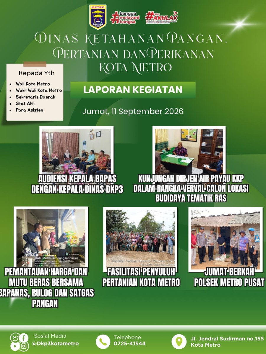 laporan kegiatan dinas ketahanan pangan, pertanian dan perikanan kota metro Jum’at 11 September 2026